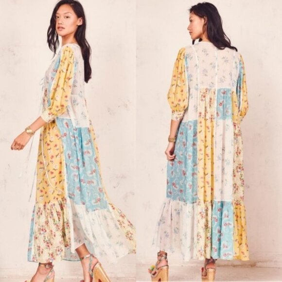 LOVESHACKFANCY Patchwork Tiered Maxi Dress Bohemian Floral Print Bex Size Small - Picture 2 of 12